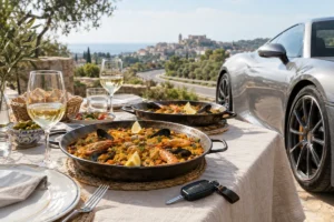 Quién organiza rutas en coche deportivo por carreteras de valencia con comida incluida: mesa con dos paellas de marisco